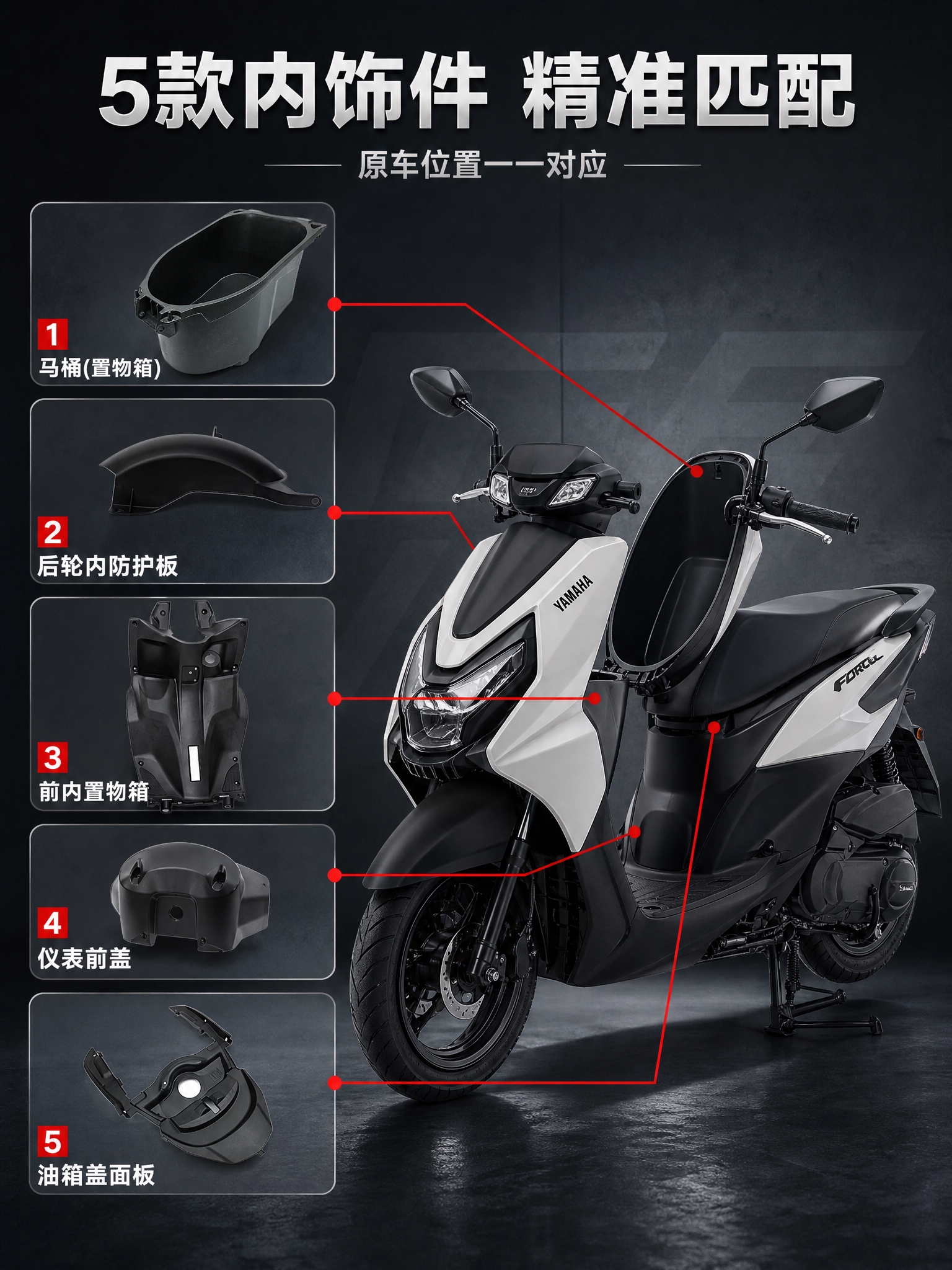 雅马哈福颖摩托车配件全景总览页。画面右侧是一辆福颖摩托车的侧视… - 图片创意预览