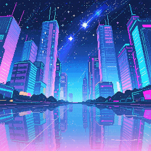 像素风未来城市，霓虹灯闪烁，夜空星辰璀璨，水面倒影梦幻。