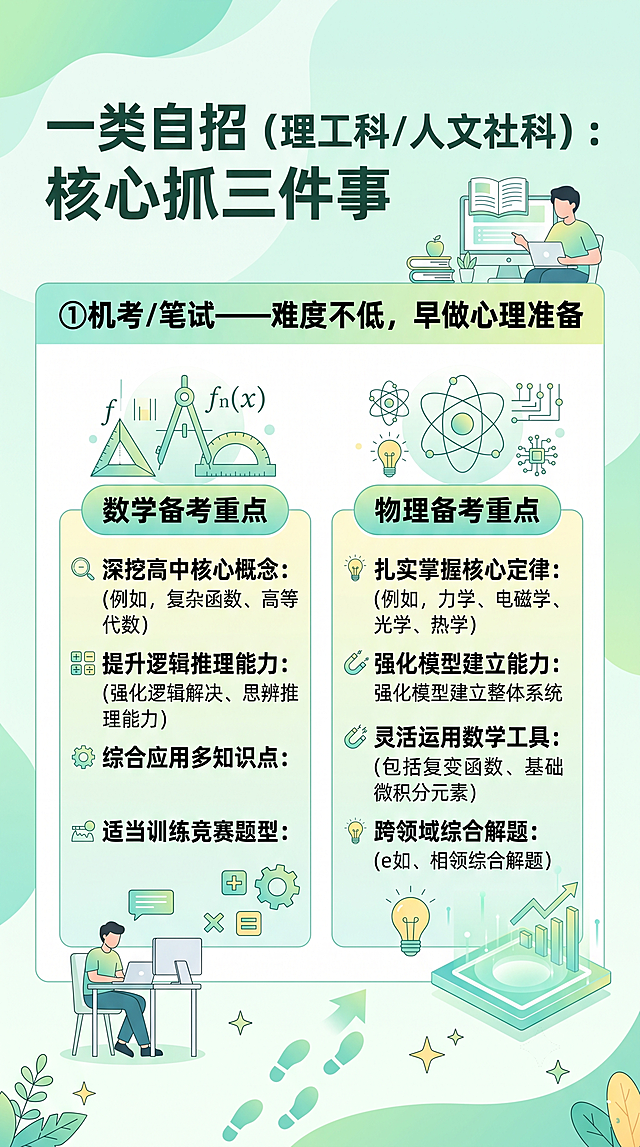 图文配图，大标题“一类自招（理工科/人文社科）：核心抓三件事”，小标题“①机考/笔试——难度不低，早做心理准备”，内容介绍数学物理备考重点，小清新浅绿色简约背景，文字排版清晰易读