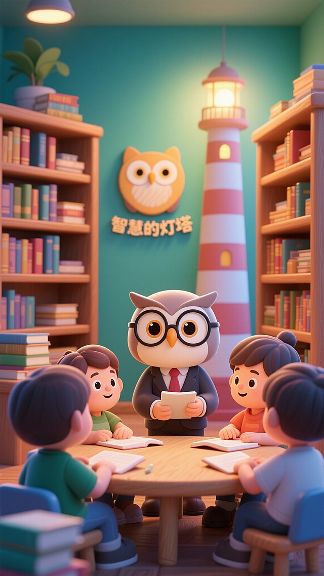 3D卡通风格，拟人化猫头鹰老师与孩子们在简约图书馆中互动，营造可爱温馨的学习氛围。