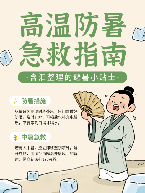 高温避暑小贴士知识分享绿色卡通趣味风小红书封面预览效果