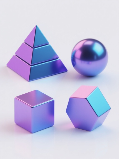 纯白背景上，四个立体3D几何元素规整排布，保持与原图一致的金属质感渐变色彩（以蓝紫色调为主，带有青色和粉色反光）、光滑表面、清晰锐利的边缘和高光阴影处理，元素分别为：正三角形金字塔、正方形立方体、圆形球体、六边形六棱柱，每个元素均呈现出相同的立体感和光影效果，整体形成同风格、同类目的系列素材集合。预览效果