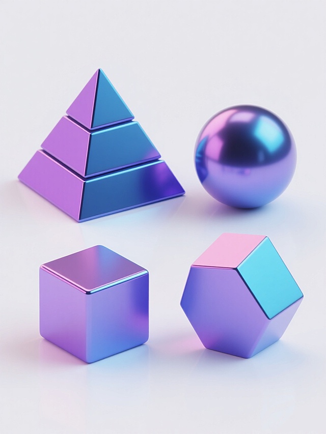 纯白背景上，四个立体3D几何元素规整排布，保持与原图一致的金属质感渐变色彩（以蓝紫色调为主，带有青色和粉色反光）、光滑表面、清晰锐利的边缘和高光阴影处理，元素分别为：正三角形金字塔、正方形立方体、圆形球体、六边形六棱柱，每个元素均呈现出相同的立体感和光影效果，整体形成同风格、同类目的系列素材集合。