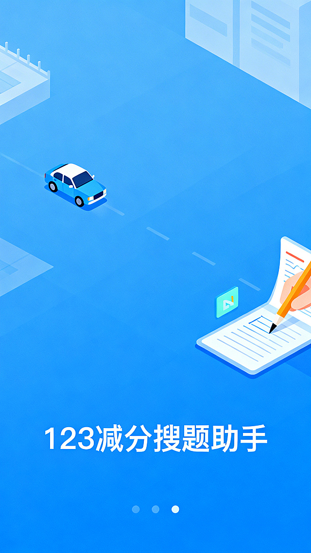 蓝色主题背景，画面中有小汽车和刷题场景，图片下方有清晰的文字"123减分搜题助手"，文字使用免费的思源黑体字体，整体风格简洁干净，适合作为应用宣传背景图