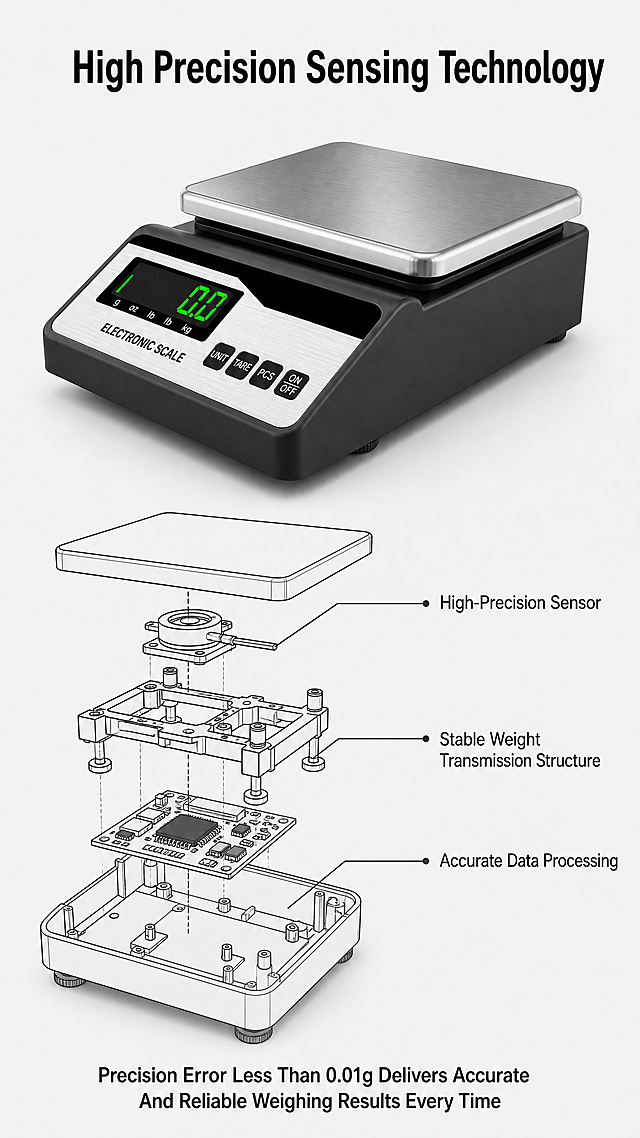 [第3屏] 高精度称重原理技术解析屏-High Precision Weighing Technology.保持原产品外观结构和颜色材质不变。[氛围/风格] 专业技术展示风，浅灰色干净背景，清晰直观的原理展示，专业可信。[元素布局] 产品主体放在画面上半部分，保持原产品结构不变。下半部分使用示意图展示高精度传感器原理，用简单引线标注核心部件，标注出高精度传感器、稳定称重模块等关键位置。整体布局上产品下原理图，分区清晰，无边框满铺。[光影质感] 整体光照均匀柔和，产品清晰突出，原理示意图线条清晰，标注明确。[配色色系] 全局底色：#E8E8E8（浅灰）；主体配色保持原图不变；示意图线条：#333333深灰色；标注文字：#111111黑色。[视角构图] 产品正面45度斜侧，上半部分产品，下半部分原理示意图，上下分区均衡构图。[文字版式] 顶部主标题"High Precision Sensing Technology"黑色加粗无衬线。下半部分原理图旁标注："High-Precision Sensor"，"Stable Weight Transmission Structure"，"Accurate Data Processing"三个技术点，每个技术点带引线指向对应部位。下方总结文字"Precision Error Less Than 0.01g Delivers Accurate And Reliable Weighing Results Every Time"。所有文字为英文，拼写正确，符合亚马逊规范。[比例分辨率] 9:16竖版比例，2K分辨率，文字清晰可辨，超高清。[负向提示词] 产品变形，原理示意图混乱，文字错乱，引线不清，背景杂乱，中文字符。
