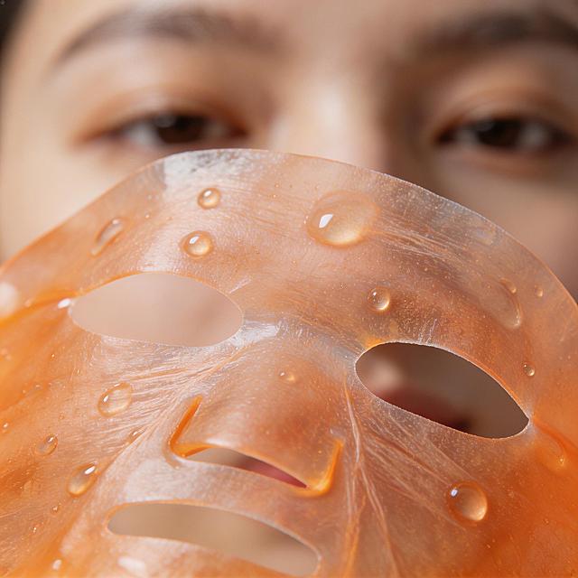 Extreme macro shot of an unfolded vitamin C sheet mask, translucent hydrogel texture soaked in serum, water droplets reflecting light, blurred natural skin background, sharp focus on fibers and moisture particles, clean fresh vibe, skincare science aesthetic, ultra detailed 8k