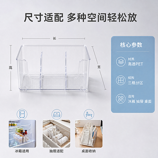 [主图-5] PET透明收纳盒规格尺寸与使用场景适配图。
[氛围风格] 简洁专业 信息清晰 品质信赖感 极简干净；
[画质] 商业摄影质感 光线柔和均匀 产品清晰真实 画面干净高级 超高清细节。
[元素] 透明PET收纳盒正面平视展示 放置在浅灰色渐变背景中 盒身两侧有尺寸标注线 清晰展示长宽高比例。画面下方有三个适配场景图标横向排列：冰箱图标 抽屉图标 桌面图标 分别代表可放置的空间。右侧有一个信息卡片 列出核心参数和卖点。保持产品外观（物理结构 材质质感 颜色 竖条纹纹理 前侧U型开口 内部分隔结构）与输入产品图一致 杜绝任何变形和色差 精细化处理。商品主体占比约55%。
[光影] 正面均匀柔光 盒身通透有质感 底部柔和投影；整体明亮干净 无强烈明暗对比。
[配色] 主色浅灰渐变+透明清透；辅色清透蓝灰（卡片 图标） 深灰文字。
[视角构图] 正面平视 产品居中偏左 右侧信息卡片 下方图标栏；构图平衡 信息层次清晰。
[文字版式] 顶部居中大字标题"尺寸适配 多种空间轻松放" 深灰色粗体无衬线。产品上下左右有细浅灰色尺寸引线 标注"长 宽 高"字样（不标具体数值）。右侧清透蓝圆角信息卡片 内部分三行：第一行"材质"对应"高透PET" 第二行"结构"对应"三格分区" 第三行"适用"对应"冰箱 抽屉 桌面"。卡片标题"核心参数" 白色粗体 内容白色常规体。下方三个图标各配文字 从左到右："冰箱适用""抽屉适配""桌面收纳" 深灰色中号字体 图标为清透蓝色线条风格。
[输出要求] 1:1比例 文字清晰锐利 超高清商业摄影质感。
[负向提示词] 变形 文字错乱 产品图模糊 背景杂乱 水印 电商平台Logo 多余的手 多余的手指 畸形手 融合手指 手部扭曲 人物面部扭曲 关节反折。