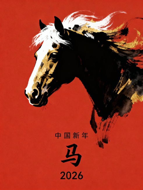 2026年马年的海报。中央构图呈现出一幅以富有表现力的中国水墨画风格（sumi-e）绘制的单一而有力的马头剪影。运用干画笔法和飘逸的白墨（feibai）来展现质感与动态，以黑色或深金色墨水呈现。背景为预览效果