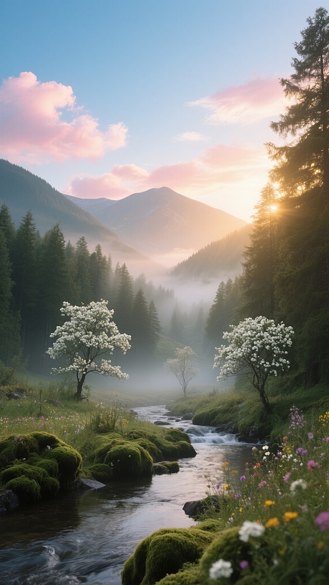 清晨薄雾笼罩的山谷，远方山峦在晨曦中若隐若现，近处是茂密的森林，林间点缀着几株开满白花的树，天空湛蓝，飘着几朵淡粉色的云彩，阳光透过云层洒下金色的光芒，照亮了山谷中的小溪，溪水潺潺流淌，岸边生长着青翠的苔藓和各色野花，整个场景充满了宁静而神秘的氛围，超高清摄影，写实风格，色彩鲜明，光影细腻，构图采用三分法，前景为森林边缘，中景为溪流与野花，远景为山峦与天空，营造出深远的空间感。