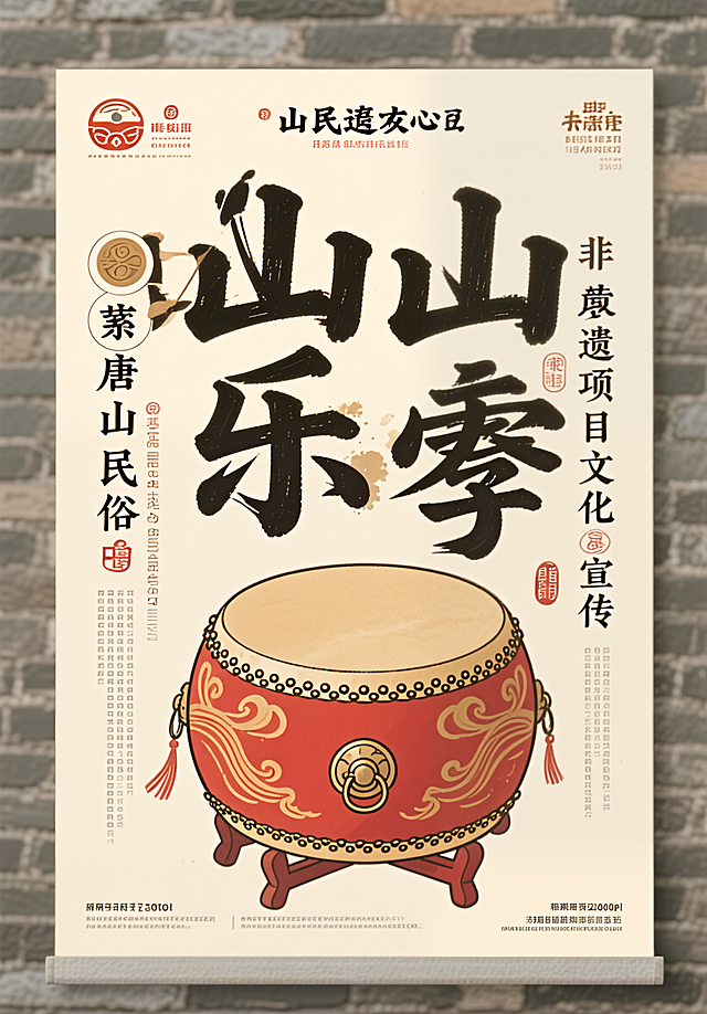 唐山乐亭大鼓非遗项目文化宣传招贴海报，A3竖版，紧扣唐山民俗核心，融合传统韵味与当代审美，突出创意避免同质化。以文字为主要表现元素，搭配简约不喧宾夺主的辅助图形，文字突出民俗特色，兼顾可读性与设计感，通过字体设计、排版、色彩凸显唐山乐亭大鼓非遗主题，分辨率不低于200dpi，色彩模式CMYK