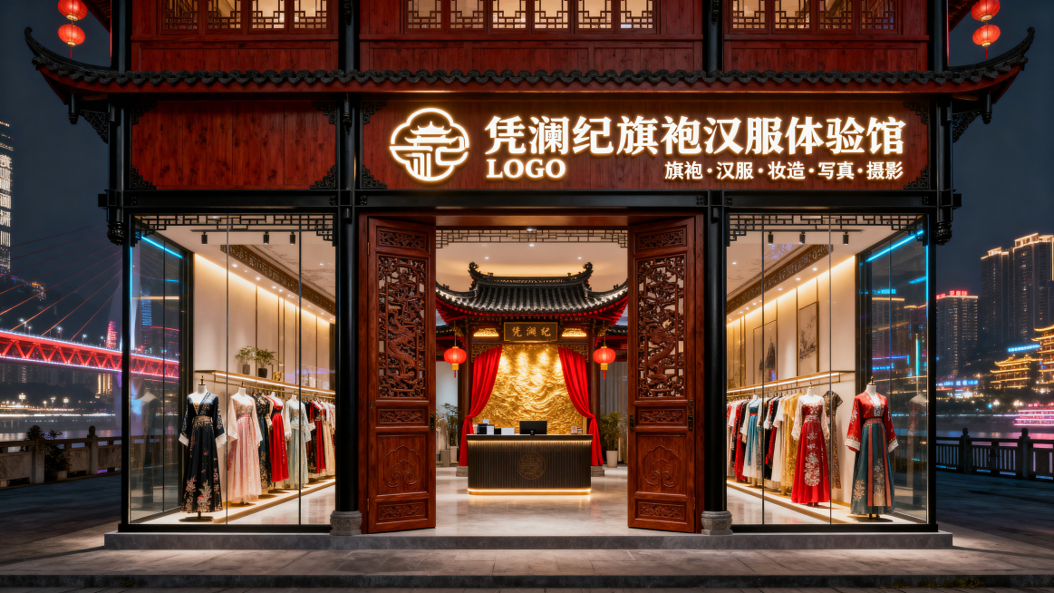 8K超写实门店效果图，重庆洪崖洞景区临街，巴渝吊脚楼赛博古风风格，巴渝吊脚楼肌理，100㎡空间，进深10米，门头高1米宽6.4米，红棕原木+黑铁构件，门头居中镶嵌【凭澜纪LOGO】发光字，右侧大字「凭预览效果