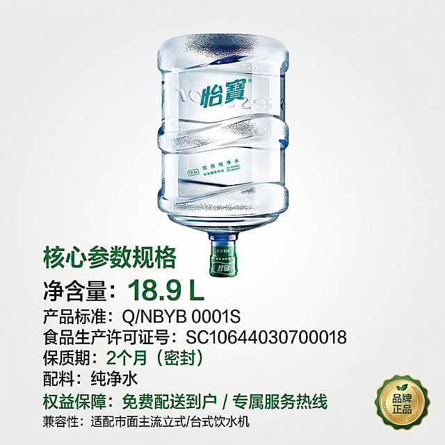 [主图 5] 怡宝18.9L桶装纯净水规格权益展示。[氛围风格] 清晰直观，促进转化；[画质] 商业摄影质感，光线柔和通透，产品清晰真实，画面干净高级。[元素] 怡宝18.9L桶装纯净水放在画面中心偏上位置，下方清晰标注核心参数：净含量18.9升，产品标准号，食品生产许可信息，同时补充说明适配主流饮水机。保持产品外观和原图一致，右下角增加小徽章标注「品牌正品」。背景浅灰白色渐变，整体干净通透，主体占比约60%。[光影] 均匀柔和的棚拍光影，整体明亮，产品清晰，参数文字区域亮度足够，方便阅读。[配色] 背景浅灰白，文字使用深灰和品牌绿，对比清晰易读。[文字版式] 产品下方左对齐排列参数，主参数字号偏大，辅助说明字号缩小，品牌绿标注关键信息，排版有序，不遮挡产品主体。[比例分辨率] 1:1 比例，1440*1440，2k分辨率，文字清晰可辨，超高清。[负向提示词] 变形，水印，文字错乱，参数模糊，背景杂乱，违规信息。