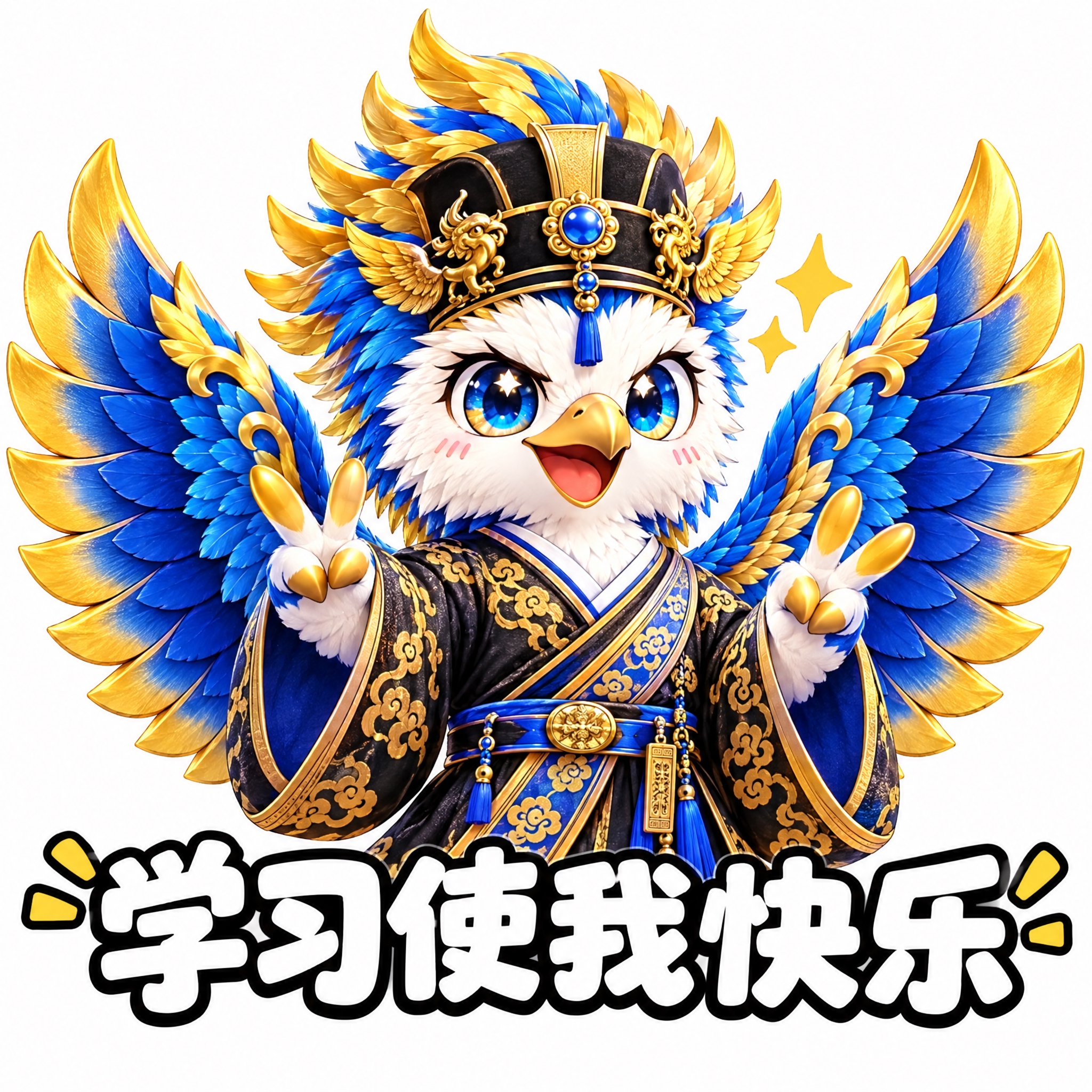 参考图中的蓝金鹰形神兽（穿黑金汉服、展翅），做成可爱表情包风格… - 图片创意预览