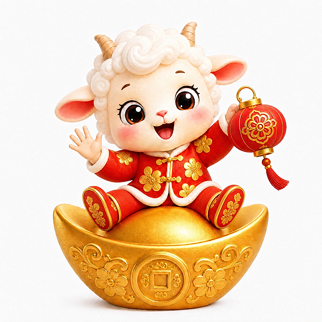 将小羊的双手改为有5个手指的正常拟人手，手指清晰分明；将小羊的脚换成红色的中式新年鞋子，鞋子上有金色花纹装饰，与年服风格搭配，可爱喜庆。其余保持不变：卡通3D渲染风格，可爱的羊吉祥物坐在大金元宝上，头上2个小羊角，身体圆润饱满，大而明亮的眼睛，穿着喜庆红色年服，年服上有金色花朵装饰，左手举着红色中式灯笼，右手自然抬起，表情欢快可爱，元宝上有铜钱图案花纹，纯白色背景，3D卡通渲染质感，柔和光线，细节精致