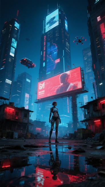 赛博朋克风格城市夜景，以深蓝与猩红为主色调，霓虹灯光在湿润地面形成迷幻倒影，高耸入云的未来主义建筑表面布满全息广告与故障艺术纹理，空中穿梭着悬浮车辆与无人机，一名身着改装义体的女性站在巨型全息投影广告牌下，背景中可见破败与科技交织的贫民窟与摩天大楼形成强烈对比，整体画面充满压迫感与未来废土美学，光影层次丰富，细节繁复，呈现出繁华与腐朽并存的赛博朋克世界观。预览效果