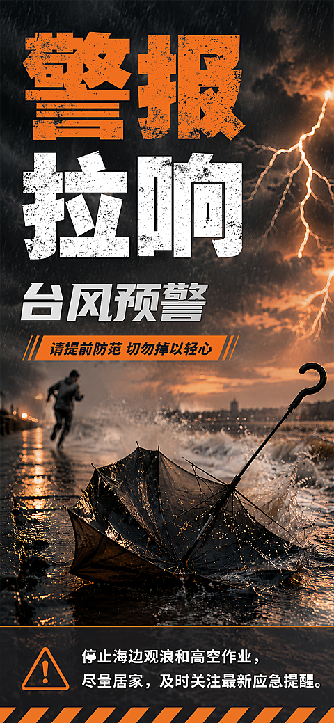 暑期台风预警防灾科普宣传暴雨海浪破损雨伞橙黑磨损粗字写实竖版海报