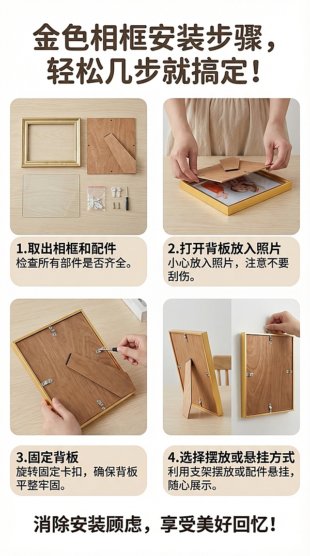 淘宝详情页安装步骤图，9:16比例，分步骤展示金色相框的安装过程：1. 取出相框和配件；2. 打开背板放入照片；3. 固定背板；4. 选择摆放或悬挂方式，用清晰的步骤图和简洁的文字说明，降低用户操作顾虑，字体用圆体