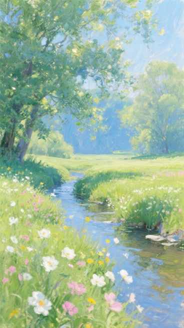 印象派风格描绘的宁静郊外风景，画面以明亮的蓝绿色调为主，阳光透过茂密的树叶洒下斑驳光影，草地呈现出丰富的绿色层次，点缀着白色、粉色和黄色的野花，一条清澈的小溪蜿蜒流过，近景虚化的花朵增添朦胧美感，整体笔触灵动松散，色彩明快且富有光感，营造出温暖和煦、生机勃勃的春日氛围。预览效果