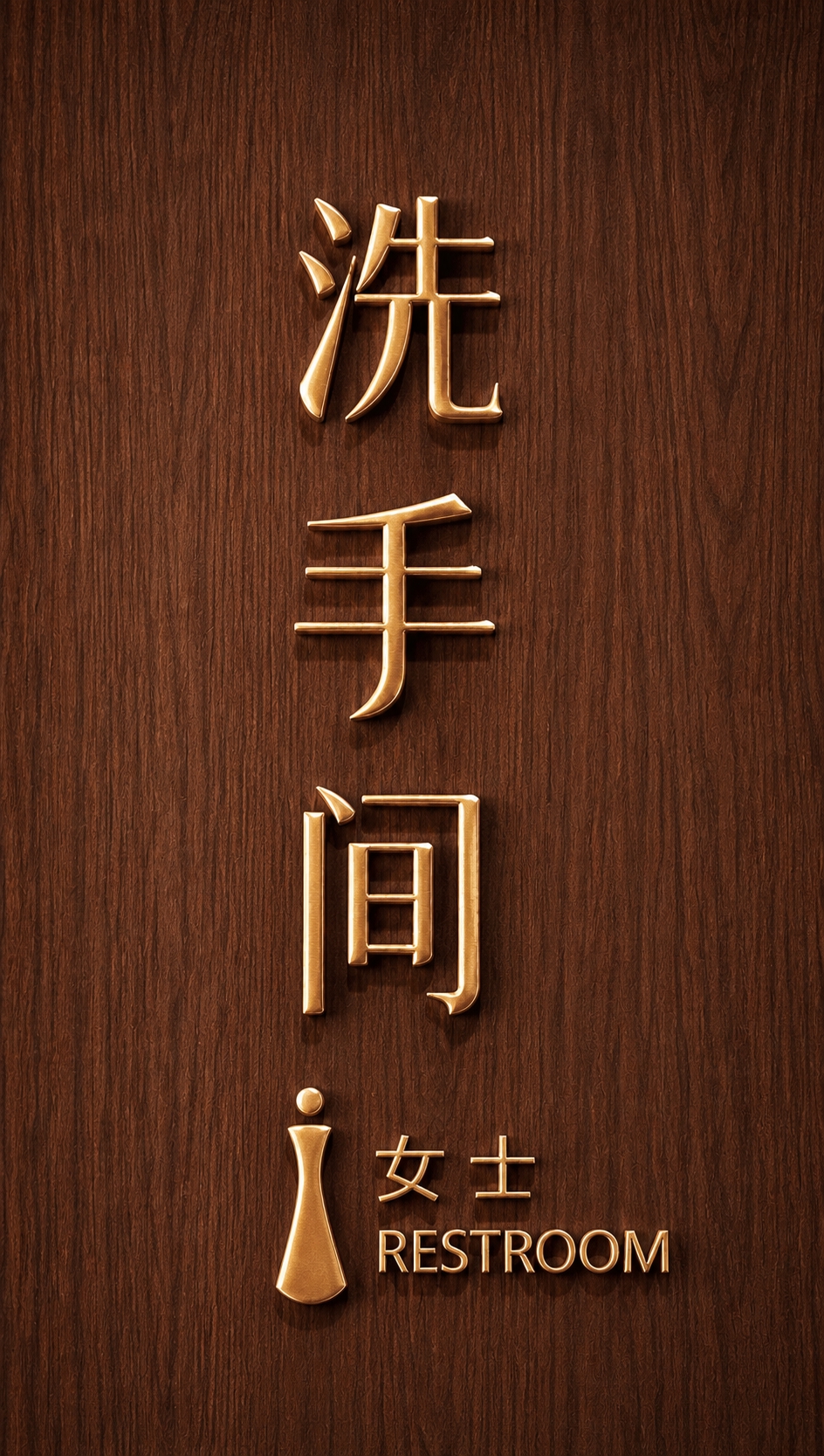 将图1中的女士洗手间标识，替换为图2的金色金属立体字效果和深棕… - 图片创意预览