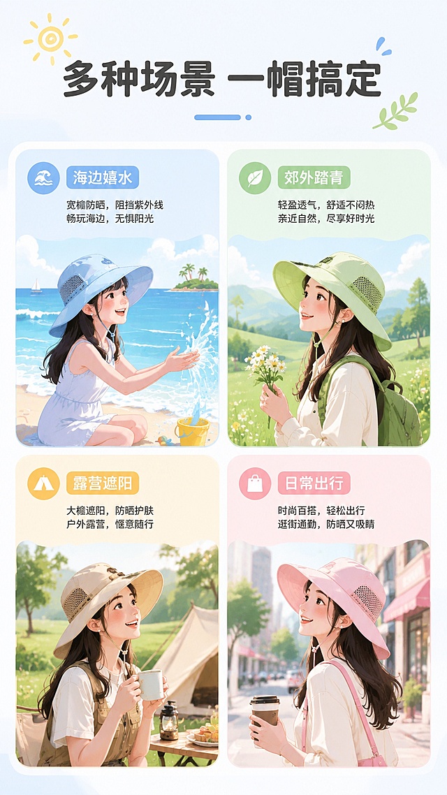 [第11屏] 多场景适用展示，四大使用场景说明。
[氛围/风格] 活泼场景展示，图文结合，清新明快。
[元素布局] 顶部大标题，下方分为四宫格，每个宫格一个场景，搭配简约场景插画+文字说明，整体排版整齐，不拥挤。四个场景分别为海边玩耍、郊外踏青、露营出行、日常出行。
[光影质感] 均匀柔光，每个场景卡片清晰明亮，色彩柔和。
[配色色系] 全局底色 #F0F5FF；主色：马卡龙浅色系分场景，文字深灰。
[视角构图] 四宫格排列，从上到下阅读，每个场景均衡展示。
[文字版式] 顶部主标题「多种场景 一帽搞定」，每个宫格内写场景名称：海边嬉水、郊外踏青、露营遮阳、日常出行，文字清晰，每个场景占比均衡。
[比例分辨率] 9:16 竖版比例，width=1080，height=1920，4K分辨率，高清画质，文字清晰。
[负向提示词] 色彩刺眼，排版杂乱，文字过小，文字错乱，水印。