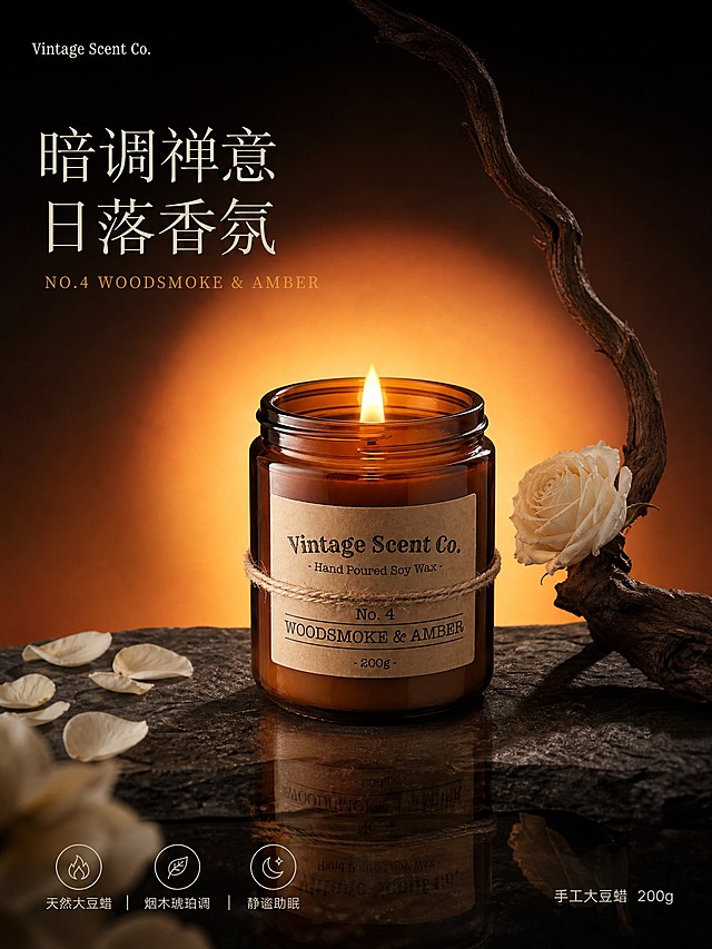 生成主图场景，3:4比例，3D渲染东方极简香氛海报，焦橙到蜜桃橙垂直渐变背景由上深下浅模拟日落天空，整体暗环境70%暗部+30%亮部高对比明暗对照法，产品居中置于深灰岩石台面镜面倒影，烛火点亮为中心最亮高光点带暖黄光晕，背景墙面形成圆形聚光光斑如束光筒投射聚焦产品边缘羽化过渡，右侧弯曲枯枝从右上向左下S形曲线打破僵硬，枯枝上一朵半开白玫瑰柔光哑光花瓣，左下散落白色花瓣前景虚化，搭配主图信息，定向硬光为主光+烛火暖黄点光源辅助+暗部偏暖棕保留最低轮廓细节非死黑，暖橙+深灰岩石+琥珀棕+白玫瑰+深褐枯枝，整体东方禅意静谧暗调聚光日落暖调仪式感呼吸感。