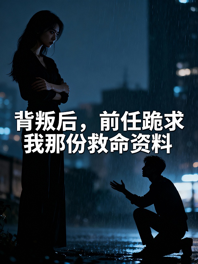 竖屏封面图提示词（尺寸1200x1600px）
横幅海报，冷色调暗黑风，背景为模糊的城市雨夜，画面左侧是双手抱胸、眼神冷漠的女性侧影，右侧是卑微下跪、伸手哀求的男性剪影，中间醒目位置用加粗白色宋体字标注标题 “背叛后，前任跪求我那份救命资料”，整体氛围压抑带爽感，突出对峙感，无多余元素，符合知乎封面简洁吸睛要求。
