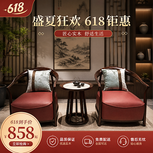 618年中大促商业营销海报，包含中式实木圈椅休闲桌椅商品，精简信息图元素，高质感配色，f/2.8柔和景深照片写实质感，无畸变，标注价格“858”，突出618促销主题