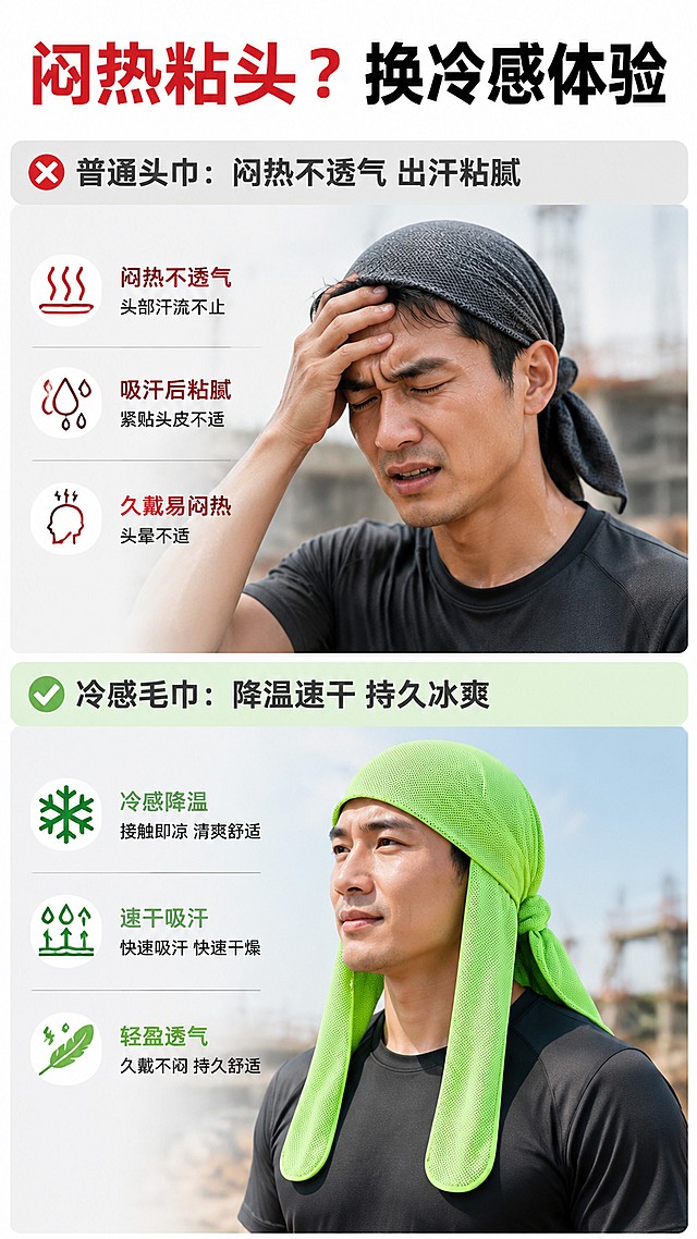 [第2屏] 痛点直击对比页-传统头巾vs冷感头戴毛巾对比展示。本屏使用【图5】荧光绿产品作为本品展示。
[氛围/风格] 清晰对比风，真实场景化，直观可信的商业摄影风格。
[元素布局] 页面上下分为两个对比区域：上半区为传统头巾场景，展示夏日闷热出汗黏腻不适感，配红色痛点文字；下半区为本品冷感头巾，展示清爽降温舒适感，配绿色优势文字；本品放在下半区偏右位置，占比约60%。保持本品结构、颜色、材质和输入图片一致。
[光影质感] 均匀布光，两个区域光影统一，产品细节清晰，对比分明。
[配色色系] 全局底色 #FFFFFF；主色浅灰分区背景；辅助色红色痛点、绿色优势标注。
[视角构图] 上下对比构图，信息层级清晰，阅读动线从上到下对比阅读。
[文字版式] 顶部大标题「闷热粘头 ? 换冷感体验」，上栏标题「普通头巾：闷热不透气 出汗粘腻」，下栏标题「冷感毛巾：降温速干 持久冰爽」，分区清晰，文字清晰不遮挡主体。
[比例分辨率] 9:16竖版比例，4K分辨率，文字清晰可辨，高清画质。
[负向提示词] 产品变形，颜色偏差，文字模糊，对比逻辑混乱，水印