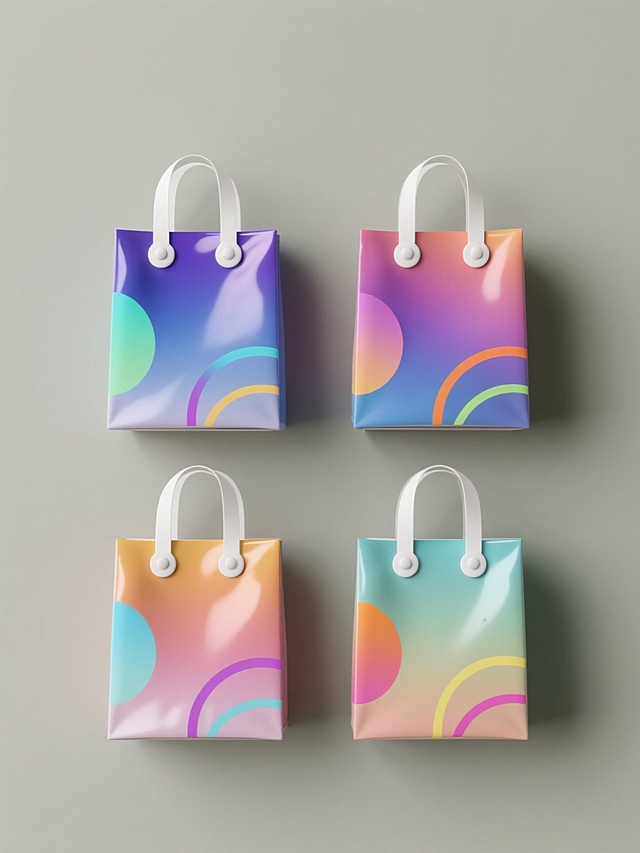 四个简约现代风格的购物袋，每个购物袋拥有不同的设计细节，采用渐变色彩，表面光滑有光泽，配有白色圆形提手固定扣，周围环绕着彩色的曲线和圆形装饰元素，所有元素规整排布在纯色背景上，无任何文字、logo和水印。