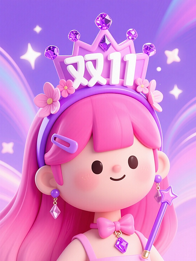 粉色系卡通人物，头戴 “双 11” 皇冠，手持魔法棒，洋溢梦幻购物氛围