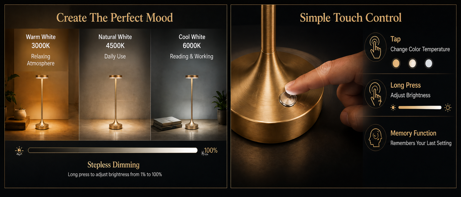 提取第三张内容，分为左右两部分：左侧Create The Perfect Mood三色温展示（Warm White 3000K、Natural White 4500K、Cool White 6000K预览效果