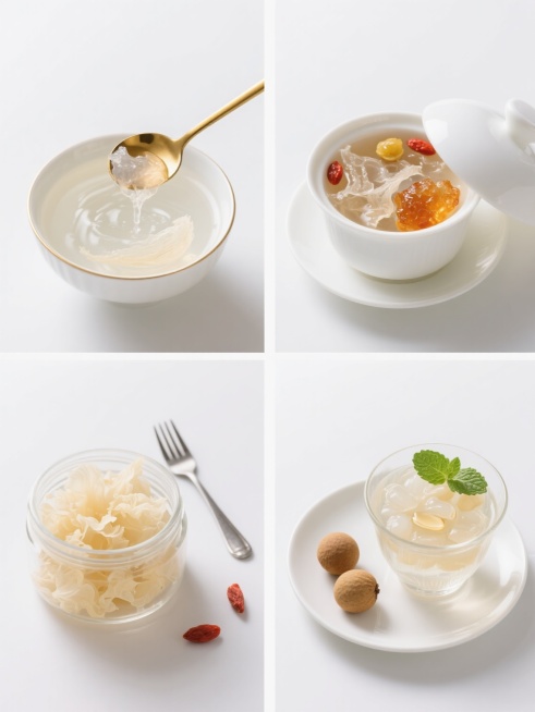 一张养生类食品系列素材集合海报，纯白纯色背景，采用4宫格规整排布，每个格子为同风格不同元素的养生食品特写。整体保持高清写实摄影风格，光线明亮柔和，主体物光影过渡自然，具有细腻的质感表现和通透的光泽感。左上角：金色勺子正从白色金边碗中舀起晶莹剔透的即食燕窝，燕窝丝呈现半透明的胶质状态，部分滴落的燕窝液在碗中形成涟漪；右上角：白色骨瓷炖盅开盖状态，内部盛放着桃胶雪燕炖品，桃胶呈琥珀色半透明状，雪燕……预览效果