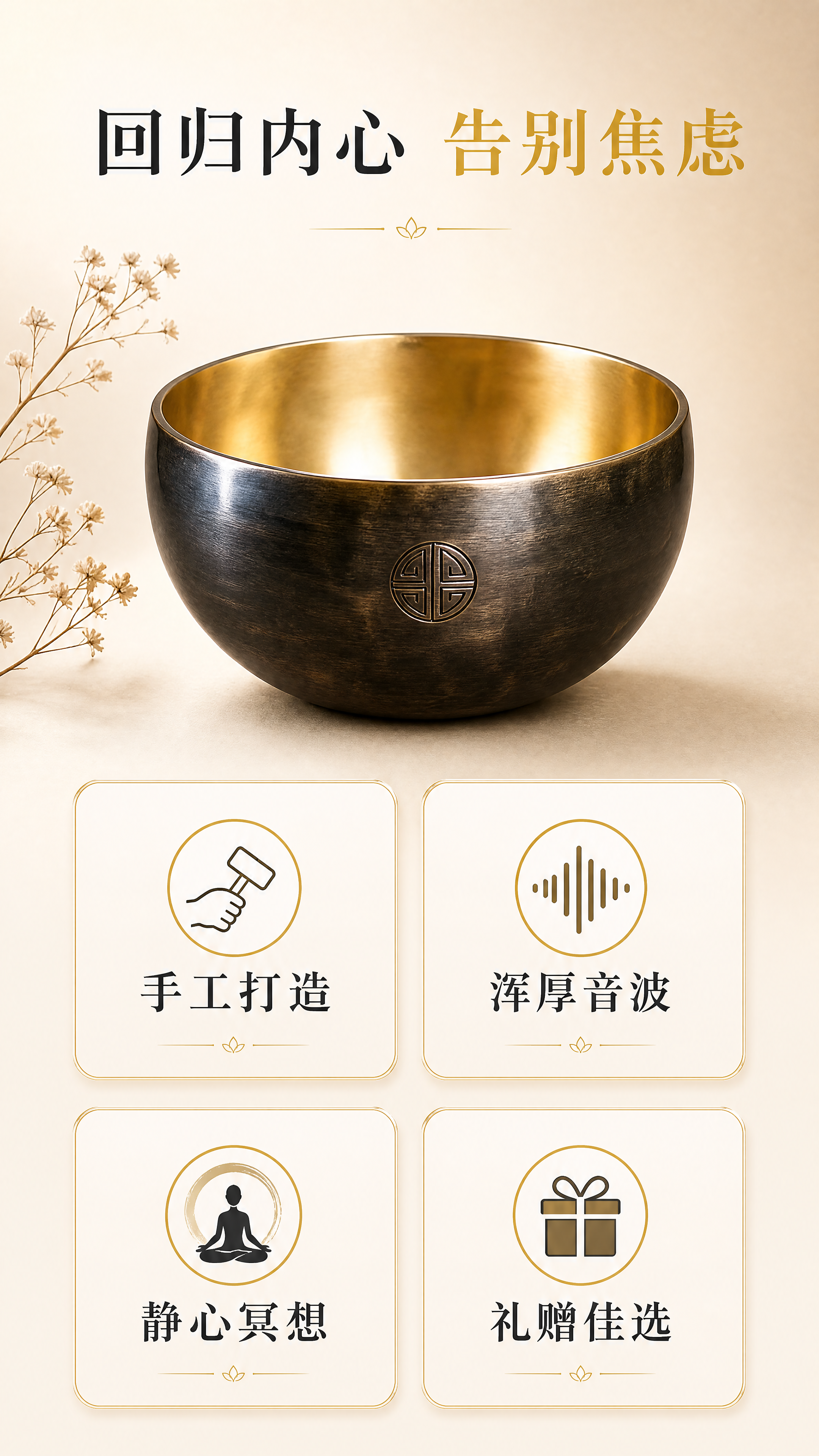 [第2屏] 核心卖点介绍，乌金满月颂钵解决焦虑，主打静心疗愈。… - 图片创意预览