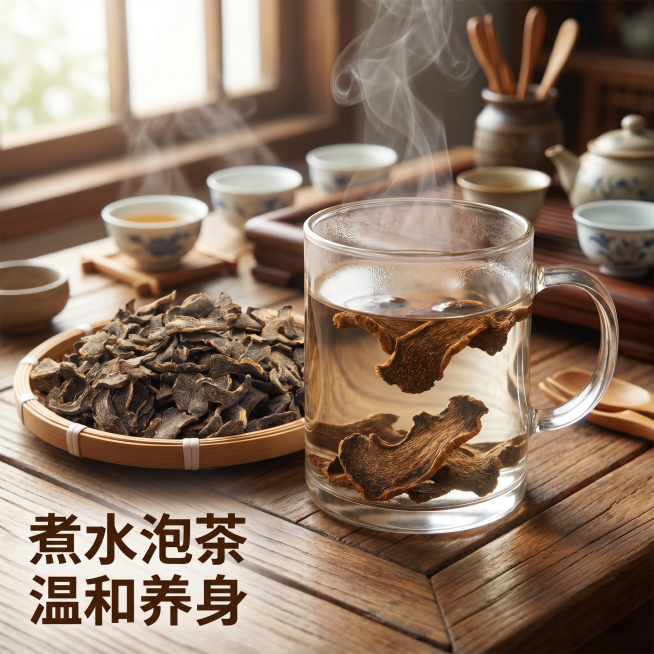 [主图-3] 老姜片煮水泡茶场景展示图。[氛围风格] 温馨日常养生场景，自然舒适。[画质] 商业摄影质感、光线柔和通透、产品清晰真实、画面干净高级。[元素] 透明玻璃杯中泡着老姜片，热气袅袅升腾，旁边预览效果