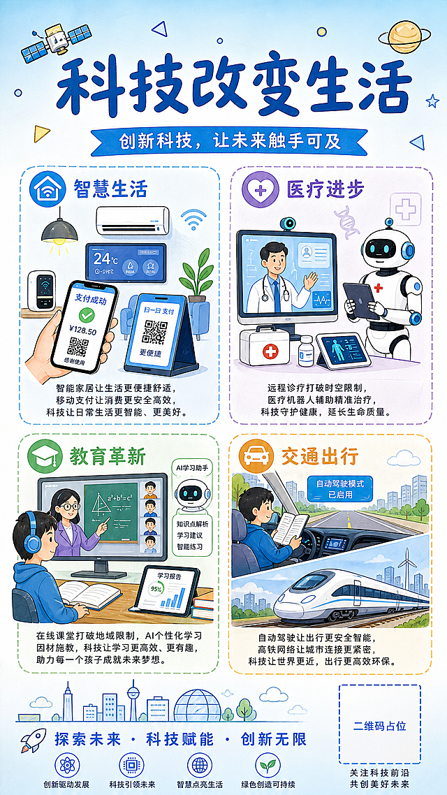 基于第一张科技改变生活电子报海报的版式和内容，调整为更简约的风格，符合中小学生创作水平。保留原有的四大板块结构（智慧生活、医疗进步、教育革新、交通出行）和2x2网格布局，保留所有文字内容。将插画风格从精致商业插画改为简洁清新的手绘插画风格，线条更简洁，色彩更明快柔和，减少复杂的光影和细节。背景从深蓝科技渐变改为浅蓝到白色的清新渐变，去掉复杂的发光粒子和电路线条，保留少量简单的几何装饰。标题"科技改变生活"保留醒目但更简洁的字体，去掉过于复杂的立体效果。板块边框从发光科技感边框改为简洁的圆角矩形或虚线边框。整体感觉像中学生制作的优秀电子报作品，有一定设计感但不过于商业化和精致，清新、干净、充满青春气息。二维码占位符保留。画面中所有文字内容保持不变。
