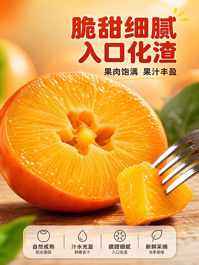 [主图-3] 细节与口感展示，微距特写柿子果肉纹理与脆甜质感，微观种草。
[统一基调] 整体风格为自然新鲜果园风，暖调自然光，背景主色为暖橙+果叶绿渐变，标题字色为深橙红粗体字，辅助字色为深棕色，强调色为亮黄色，字体为厚重圆润黑体，字号层级分明，卡片样式为圆角半透明暖白底，图标为简约线条风。
[画面] 画面主体为特写切开的脆甜柿子横截面，占画面约70%，金黄细腻的果肉纹理清晰可见，果肉饱满有光泽，边缘果皮薄而有韧性，果心处结构清晰，有晶莹的果汁质感。旁边摆放一小块切下的柿子果肉，有叉子轻轻插入果肉的动态瞬间，表现脆嫩口感。背景为极度虚化的暖橙色渐变，有柔和光斑，底部有浅色木质纹理承接。
[光影质感] 柔和侧逆光，突出果肉的通透感与细腻纹理，表面有自然高光，阴影柔和，微距摄影质感，细节丰富，真实诱人。
[配色] 背景暖橙虚化渐变，果肉金黄色，果皮橙红色，叉子银色，文字深橙红+深棕，强调色亮黄，整体暖调食欲感强。
[文字版式] 画面上方大标题"脆甜细腻 入口化渣"，下方小字"果肉饱满 果汁丰盈"，文字居中或右上角放置，字号对比明显，不遮挡果肉主体细节。
[输出要求] 3:4比例，文字清晰可读，产品细节清晰真实，无变形错字，无水印无平台Logo，禁止模糊杂乱，禁止悬浮感。