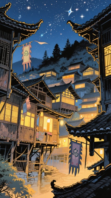 乌江寨，夜景，吊脚楼，民族风貌，繁星点点预览效果