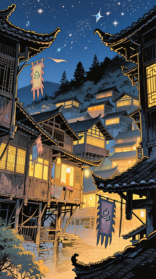 乌江寨，夜景，吊脚楼，民族风貌，繁星点点