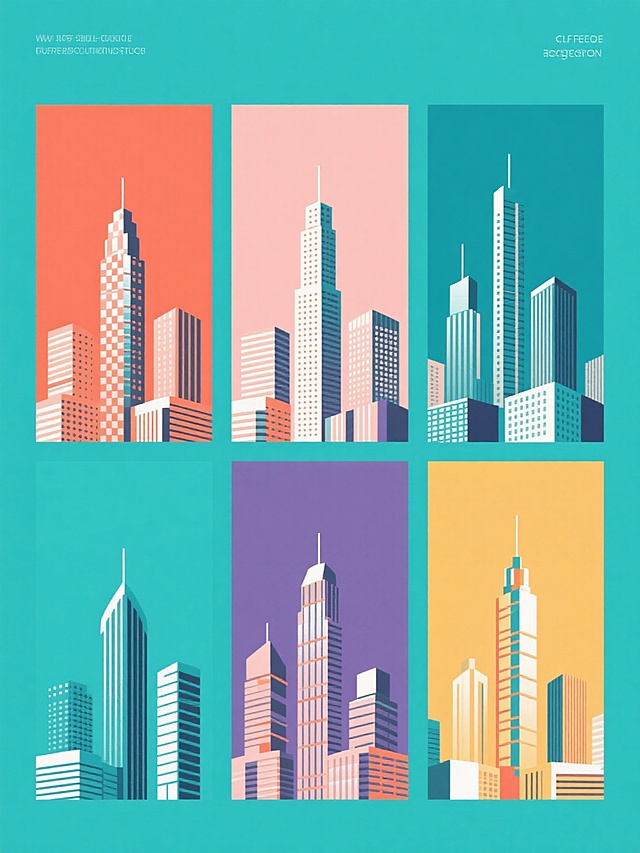 一组六幅城市天际线插画的系列素材集合，每幅均为纯色背景，画面中包含相同造型的由点阵和线条构成的现代高楼大厦建筑群，整体呈现简洁的扁平化设计风格，图形元素边缘清晰，细节精致。六幅插画的色彩方案完全不同，分别采用六种对比鲜明的纯色背景与相搭配的建筑主体色调，且每幅插画中的建筑元素展现出完全不同的材质质感，包括但不限于光滑金属质感、磨砂玻璃质感、哑光石材质感、半透明亚克力质感、绒面布料质感和亮面塑料质感，六幅作品以规整的网格状排布，形成视觉上统一又富有变化的系列感。