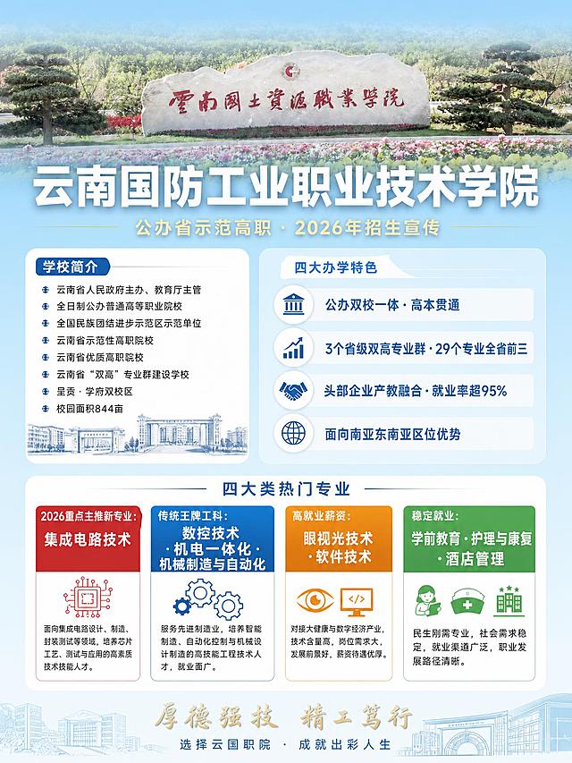 将这张学校招生宣传海报的整体背景色由深蓝色改为清新淡蓝色（天蓝色/浅蓝渐变），保持明亮通透的感觉。所有文字内容、版式布局、卡片样式、图标、专业色块颜色、标题字体、校训等全部保持原样不变，仅替换背景色为淡蓝色渐变。画面顶部校园实景图保留，其上方的渐变蒙层也改为淡蓝色半透明渐变。整体风格清新明亮，公办院校正式感。不需要二维码。