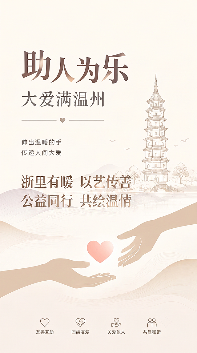 在这张助人为乐大爱满温州公益海报中，添加文字'浙里有暖 以艺传善 公益同行 共绘温情'，文字风格与海报原有米色国风设计完美融合，保持原海报构图和元素不变，整体风格协调统一，分辨率清晰。