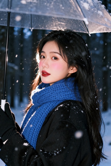 夜晚雪景森林，黑长发女性撑伞转头看镜头，侧逆光勾勒脸部轮廓与发丝，蓝色粗针织大围巾，黑色大衣与手套，皮肤通透，淡粉色腮红晕染脸颊下巴，红棕豆沙唇釉边缘模糊，旧胶片机闪光灯效果，雪花飘落有虚实质感，清冷预览效果