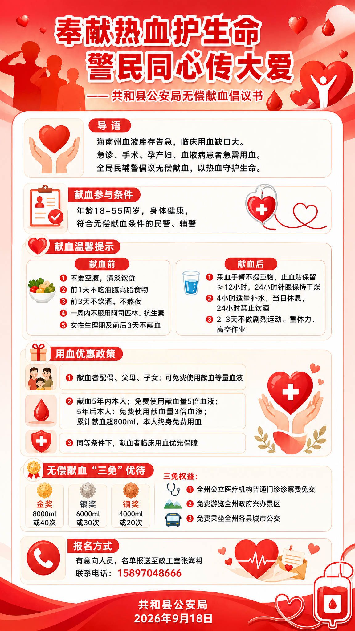 一张竖版无偿献血倡议书海报，扁平插画风格，红色和暖色调为主，温… - 图片创意预览