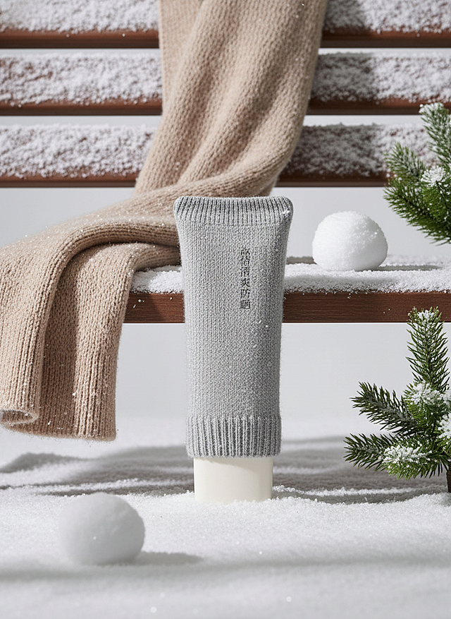 给商品穿浅灰小毛衫，背景是积雪长椅旁，装饰搭在椅上的针织围巾、圆胖雪堆，旁有矮松，配色灰白 + 浅棕，静谧冬日感。