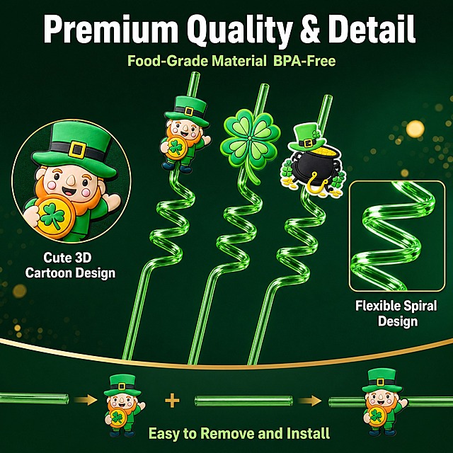 [主图-7] St. Patrick's Day Character Straws 圣帕特里克节公仔吸管 产品细节图。
[统一基调] 圣帕特里克节绿色主题，亚马逊跨境电商信息图风格，整体以深绿色渐变背景为主，字体使用无衬线粗体英文字体，标题字色为白色，辅助文字为浅绿色，强调色为金色，整体风格高端精致，商业摄影质感。
[画面] 画面采用产品细节特写布局，主体为三支不同造型的圣帕特里克节公仔吸管（小妖精、四叶草、金币罐造型）以不同角度斜向排列在画面中央，展示产品的精致细节。左侧有一个放大的圆形细节窗，展示公仔装饰的细腻纹理和鲜艳色彩，标注"Cute 3D Cartoon Design"；右侧有一个放大的方形细节窗，展示绿色螺旋吸管的透明质感和螺旋结构，标注"Flexible Spiral Design"。底部展示公仔装饰可以轻松拆卸和安装的结构细节。背景为深绿色渐变，有微弱的金色光斑点缀，高级感十足。吸管的外观、颜色、螺旋结构、公仔装饰造型与输入产品图完全一致。
[光影质感] 专业影棚打光，多光源照明，产品表面有精致的高光和反光，公仔装饰的立体感强，螺旋吸管的透明质感表现充分，物体投下柔和的阴影，整体画面高端精致，商业摄影质感。
[配色] 主色调为深绿色和鲜绿色，点缀金色和白色，背景为深绿色渐变，产品颜色鲜艳饱和，整体色调统一高级。
[文字版式] 画面顶部有白色粗体大标题"Premium Quality & Detail"，下方浅绿色小字"Food-Grade Material  BPA-Free"，两个细节窗旁边分别有白色小字标注细节特点，文字清晰可读，不遮挡产品主体。
[输出要求] 1:1比例，2048x2048像素，产品清晰，细节锐利，文字清晰可读，无水印，无平台Logo，无中文文字，产品不变形，质感表现充分。
