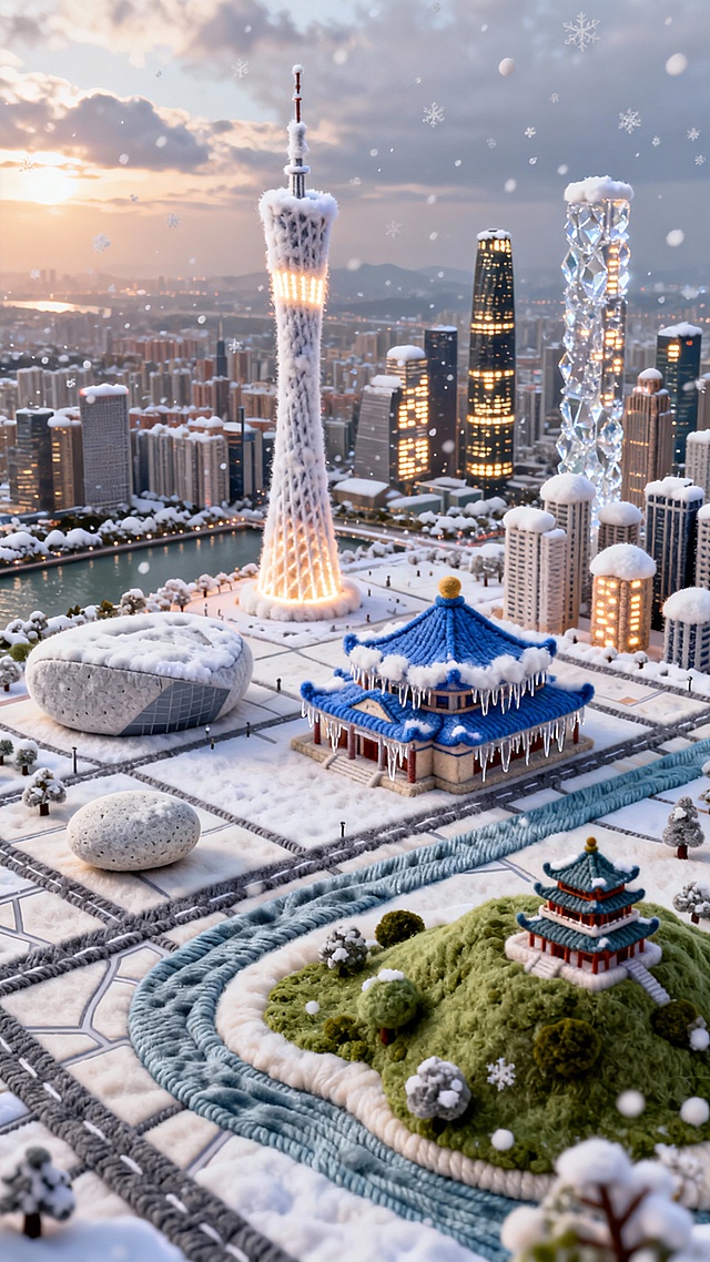微缩艺术风融合中式建筑与未来都市，雪中刺绣质感的3D城市景观，梦幻科技感交织温馨节日氛围。