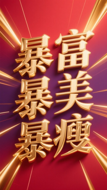 杰作，最高质量，一张引人注目的海报设计，以华丽、光滑的液态金箔风格呈现醒目的中文“暴富”、“暴美”、“暴瘦”字样。字体非常突出，具有3D效果和金属光泽。背景是鲜红色和深紫色的渐变，从文字后方向外迸发出预览效果