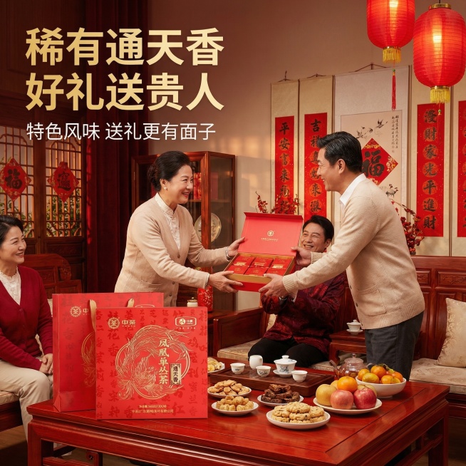 [垫图]输入图
[主图主题]中茶通天香凤凰单丛礼盒送礼场景图
[氛围/风格]喜庆国风场景，暖光氛围感，突出送礼属性
[画面元素]画面展示年节走亲访友场景，客厅红木桌上摆放着通天香礼盒+礼袋，主人正将礼预览效果