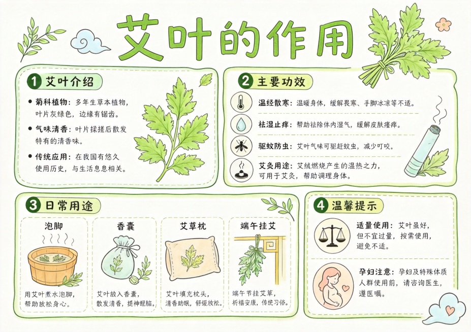 将这张艾叶作用手抄报线稿上色，做成彩色马克笔手绘风格，保留原手抄报所有文字和排版不变，色彩清新自然预览效果
