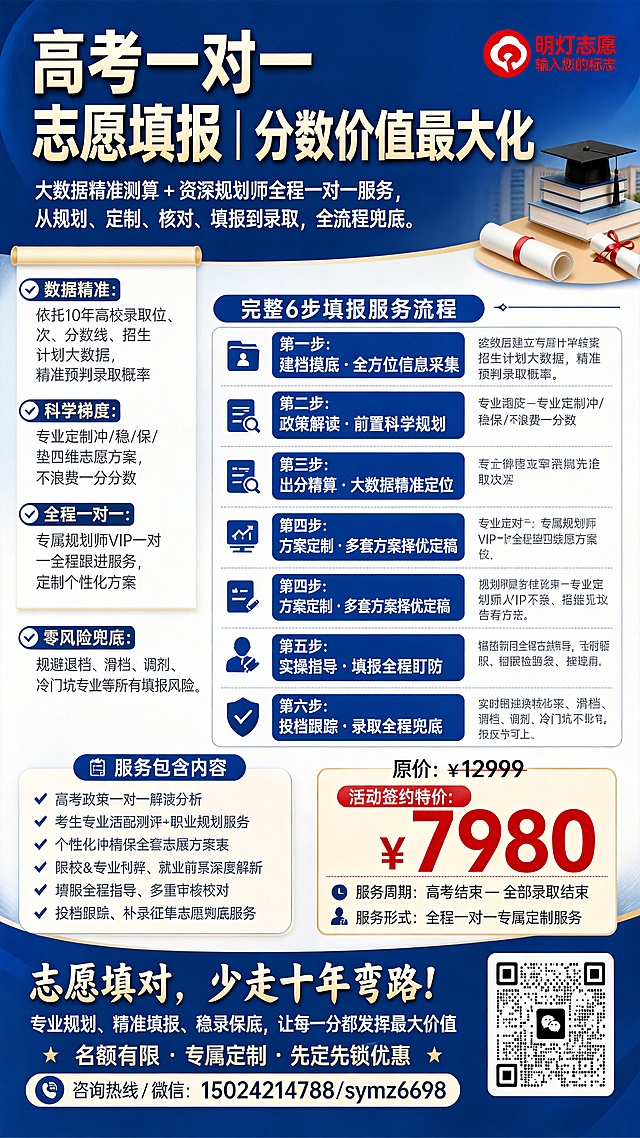 在海报右上角预留位置放入明灯志愿红色logo（logo图片地址：https://gdesign-dam-hz.dancf.com/36745884385137736/d6b5cadabcc64f12868a0c2c6173a382.png），保留海报上所有原文字内容不变，价格位置依然突出醒目，保持竖版高考志愿填报宣传海报整体风格
